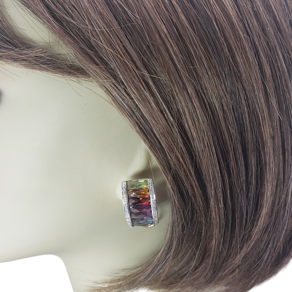 18K Yellow Gold Rainbow Gemstone and Diamond Omega Back Earrings #20720 - Picture 7 of 8